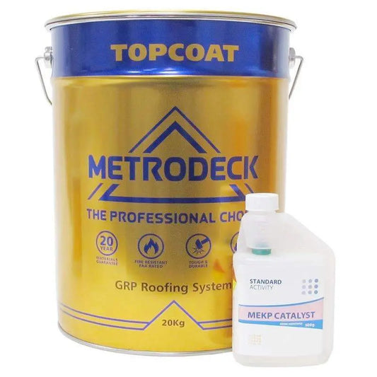 Metrodeck topcoat is specifically manufacturered for GRP roofing systems. When used with Metrodeck resin it meets BS476 part 3 AB external fire test specification. Contains flexible additives to resist thermal expansion and UV stabilising chemicals to keep its colour and finish for longer. Coverage 500-600g per m2 (approx).