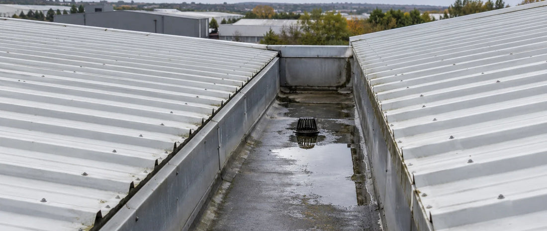 ALT: Commercial industrial roof gutter inspected before a GRP lining specification