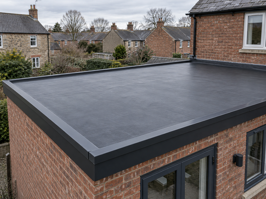Charcoal EPDM rubber flat roof on a brick house extension with dark perimeter trims.&nbsp;