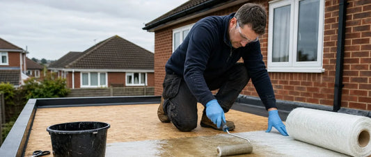 DIY fibreglass GRP flat roof kit being installed on a UK garage