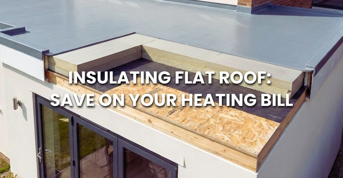 A professional is putting down a simple grey GRP fiberglass roofing membrane directly on top of thick rigid foam insulation boards, showing how to make a warm roof on a flat roof that uses less energy.