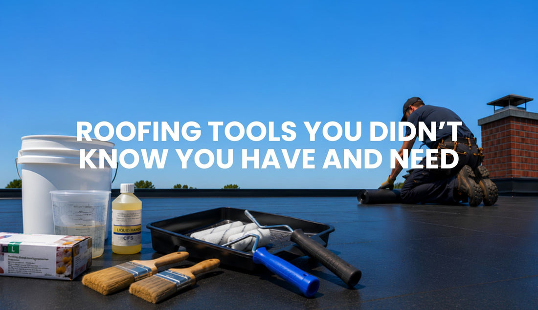 Professional GRP roofing tools including rollers, brushes, buckets, and resins  for a DIY installation.