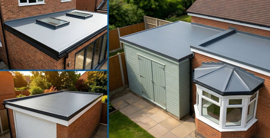 A collage of three high-quality EPDM flat roofing installations in the UK, showcasing a modern house extension with skylights, a brick garage, and a garden shed with a bay window, all featuring seamless grey rubber membranes and professional edge trims.