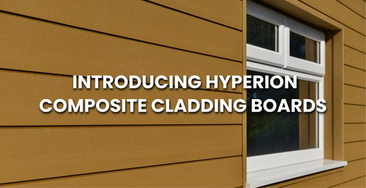 A close-up of a modern building exterior featuring Hyperion Explorer Composite Cladding Boards installed in clean, horizontal lines with a realistic woograin texture.