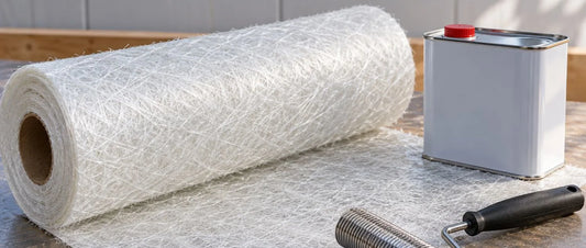 Chopped strand mat roll with GRP resin and laminating roller