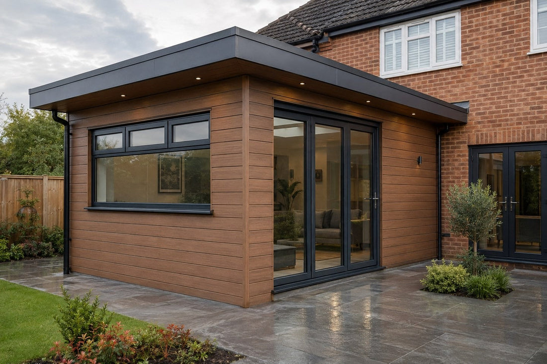 Garden-room showing brown horizontal cladding and dark-framed glass doors.