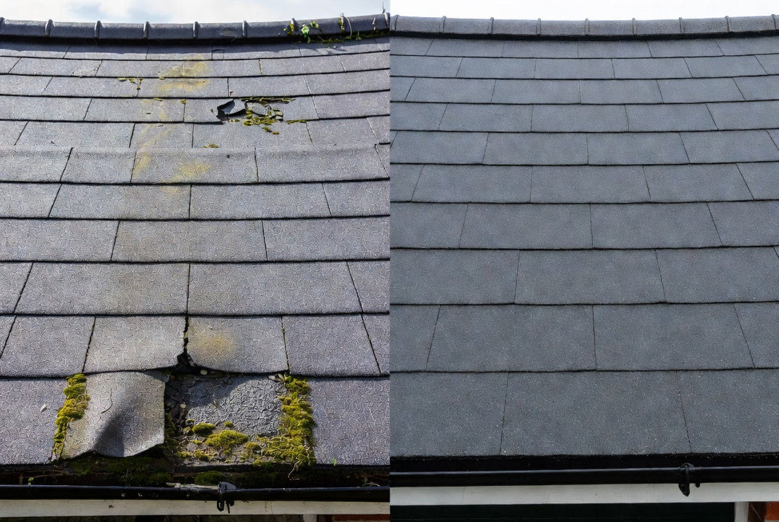 Before and after felt roof replacement with GRP fibreglass on a UK garage