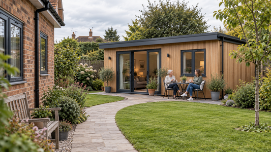 Family sharing tea outside a flat-roof granny annexe connected to the main house by a paved path