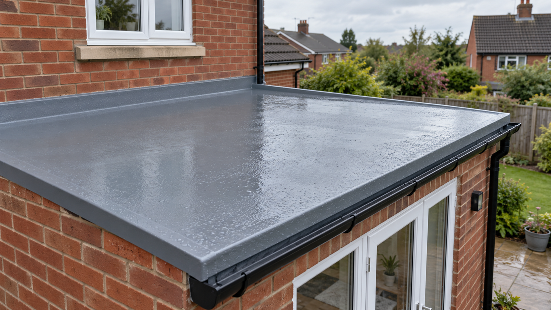 Grey GRP roof on a brick extension after rain, with edge trim and gutter visible.