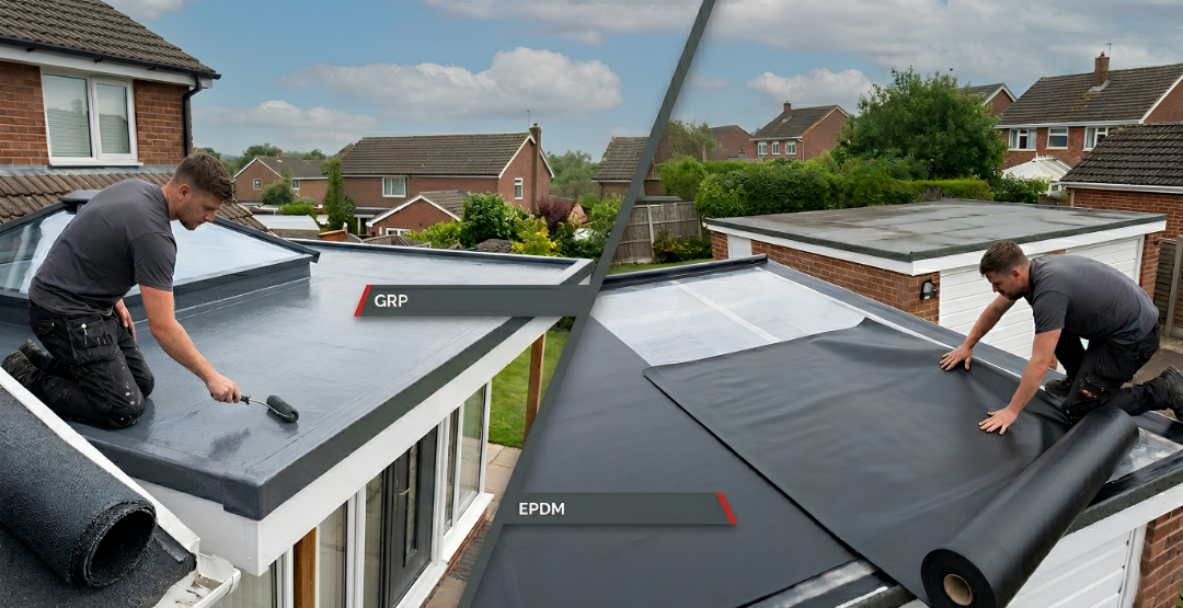 GRP vs EPDM flat roof installation comparison – roofer applying GRP fibreglass coating on left, EPDM rubber membrane being rolled out on right