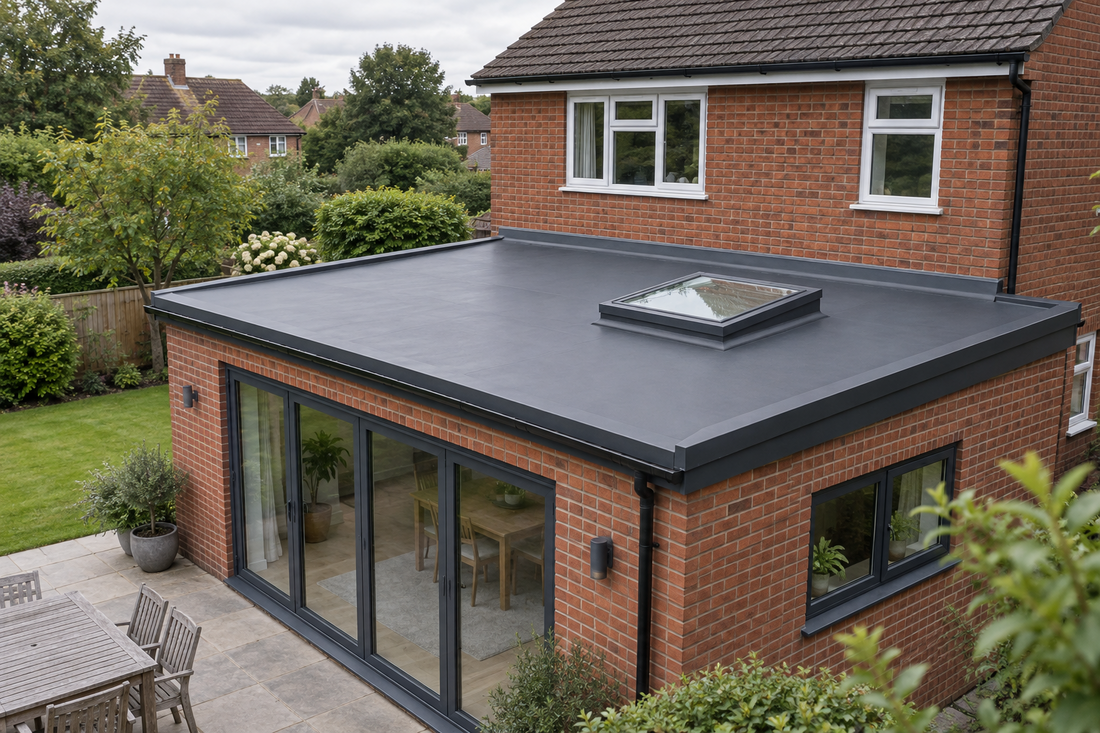 Illustration of a grey flat roof with a rooflight on a brick house extension.