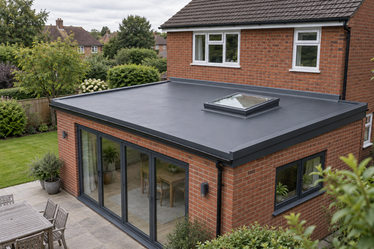 Illustration of a grey flat roof with a rooflight on a brick house extension.
