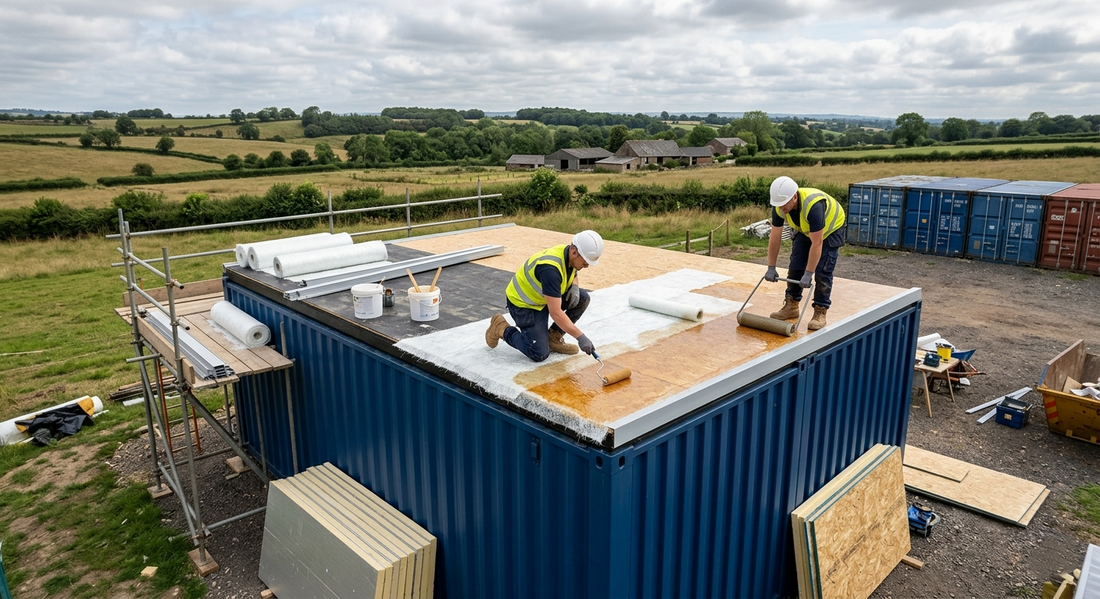 Two professional installers applying a GRP fibreglass roofing system to the timber-decked roof of a blue shipping container home in a rural UK setting.