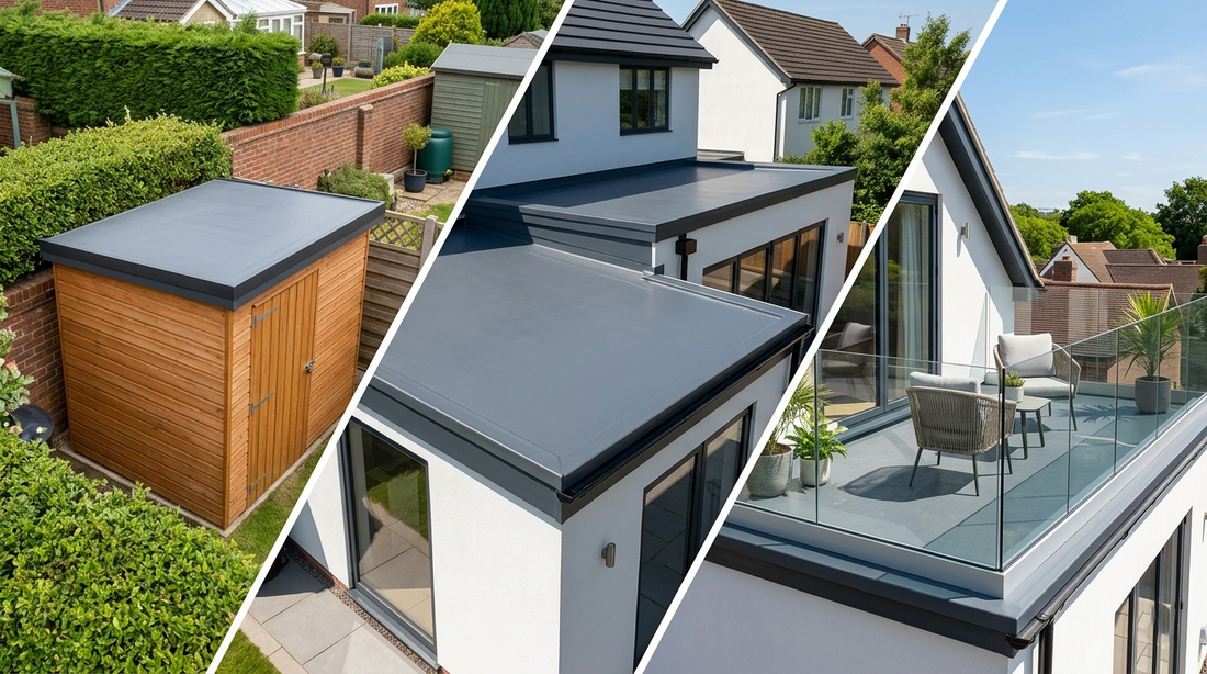 A horizontal website hero banner split into three diagonal sections comparing a light-use wooden garden shed roof, a seamless dark grey GRP flat roof on a modern home extension, and a heavy-duty walkable rooftop terrace balcony with glass balustrades.