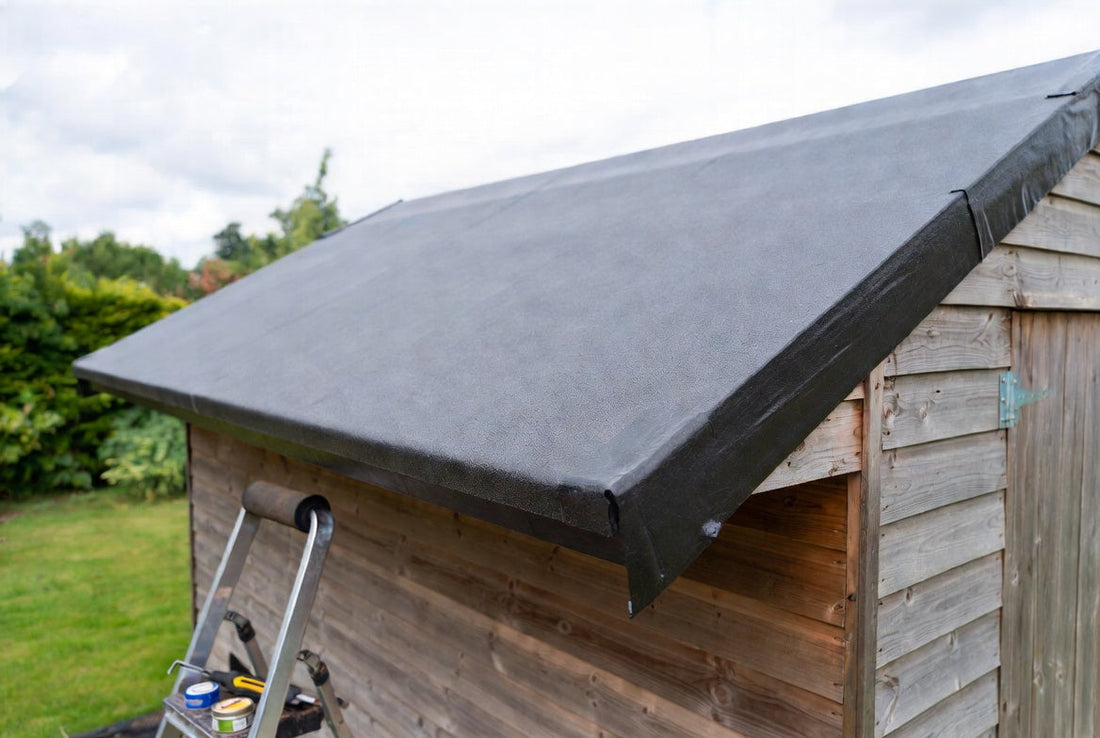 Black EPDM rubber membrane installed on a wooden shed roof