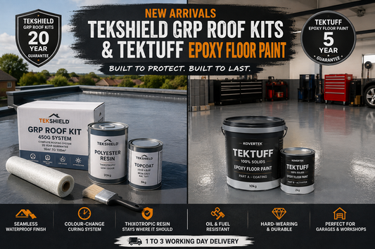Tekshield GRP roof kit and TekTuff epoxy floor paint shown as new roofing and flooring products