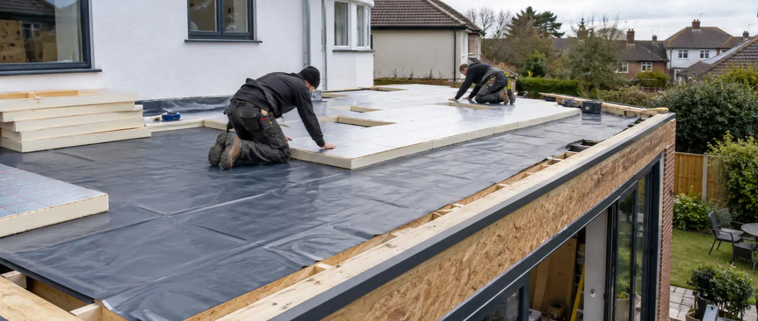 Warm flat roof construction on a modern UK house extension, showing roofers installing rigid insulation boards over a continuous air and vapour control layer (AVCL) - Apex Fibreglass