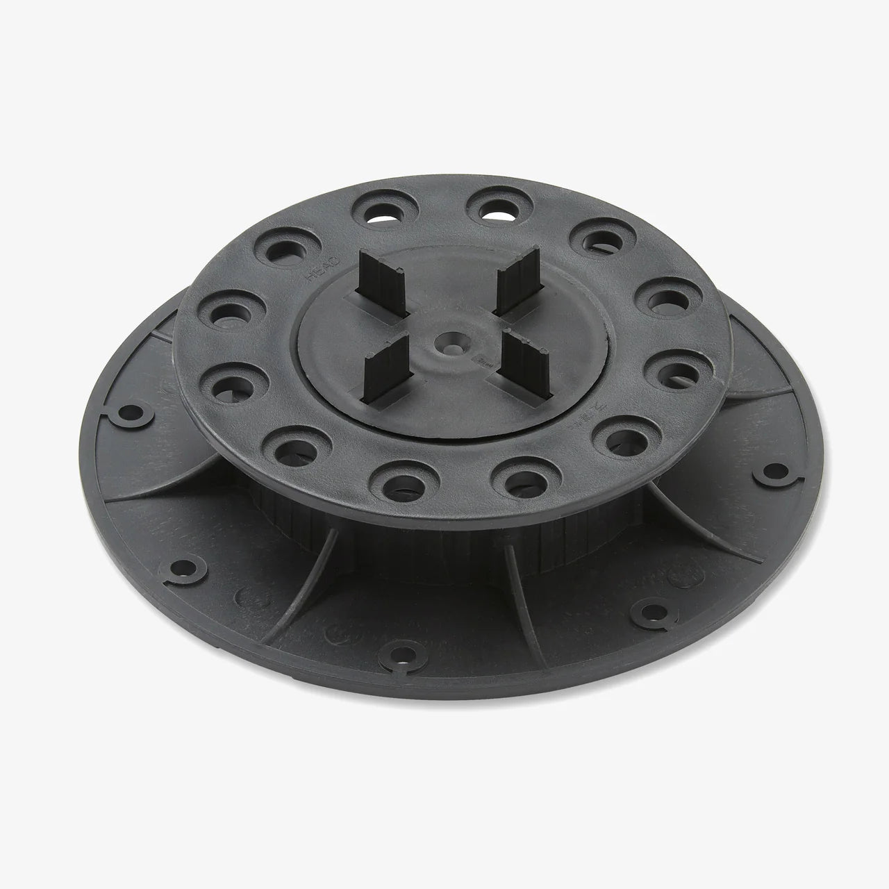 Adjustable Paving Pedestal Supports designed by Apex Fibreglass Roofing Supplies Ltd, supports loads of up to 1000kg and has a height range of 11mm to 740mm, perfect for decking and paving installations.