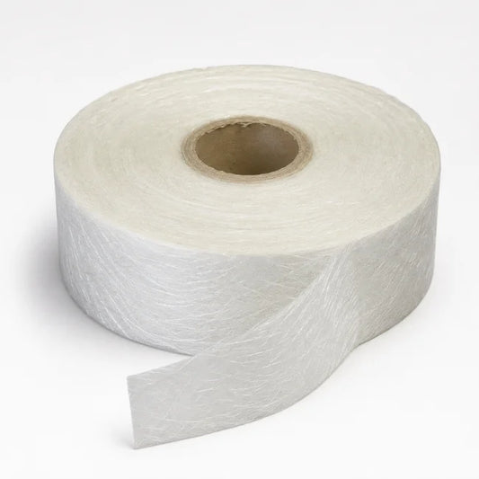 Close up of CSM 450gm chopped strand mat fibreglass tape roll 75mm wide for roof repairs