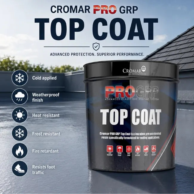 Cromar PRO GRP Top Coat benefit image showing cold applied weatherproof heat resistant and frost resistant roof protection