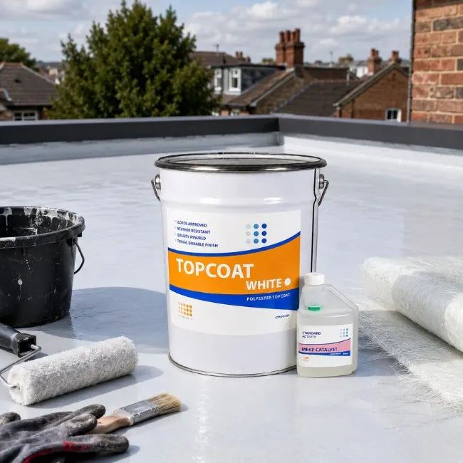 Topcoat White GRP roofing topcoat with catalyst, roller, brush, gloves and fibreglass materials