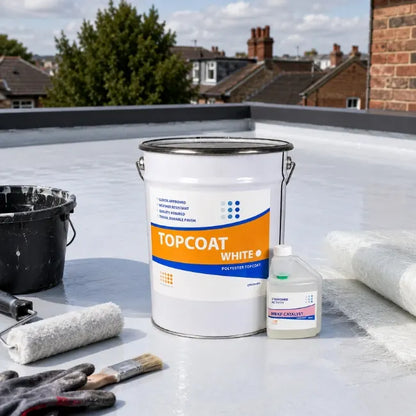 Topcoat White GRP roofing topcoat with catalyst, roller, brush, gloves and fibreglass materials