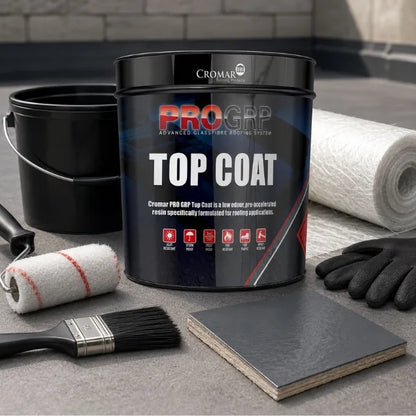 Cromar PRO GRP Top Coat with roller, brush, gloves, bucket and fibreglass matting for flat roofing applications