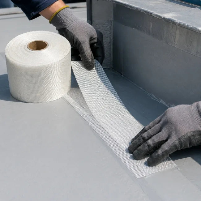 Fibreglass tape being applied to a GRP flat roof corner for joint and edge reinforcement