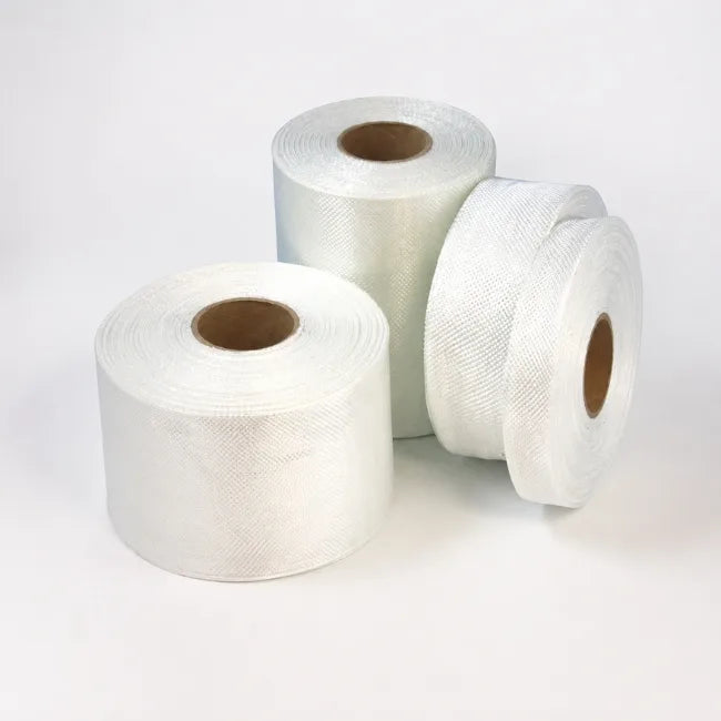 White fibreglass tape rolls for GRP roofing repairs, joints and reinforcement work