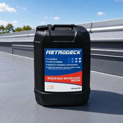 Metrodeck fire retardant GRP roofing basecoat resin on flat roof surface for durable waterproof roof system
