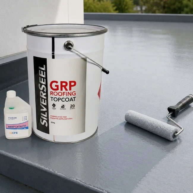 Silverseel GRP Roofing Topcoat and MEKP catalyst shown on flat roof with application roller