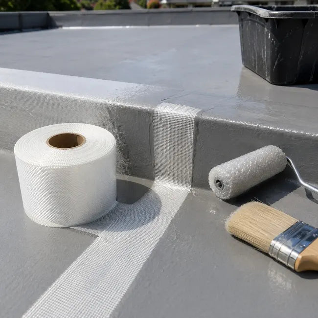 Fibreglass roofing tape applied with resin on flat roof edge beside roller and brush