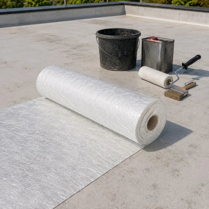Chopped strand fibreglass matting roll on flat roof with resin tools for GRP roofing work