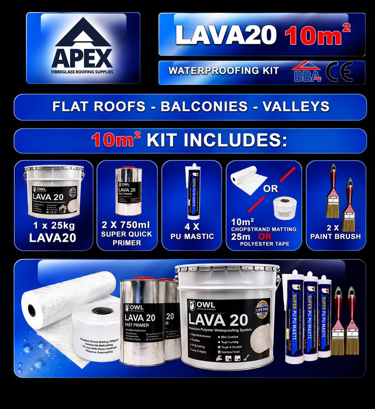 Apex Owl LAVA 20 Waterproofing Repair Kit 2m²/100m² coverage for seamless waterproofing repairs on flat roofs