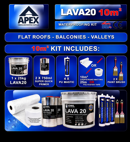 Apex Owl LAVA 20 Waterproofing Repair Kit 2m²/100m² coverage for seamless waterproofing repairs on flat roofs