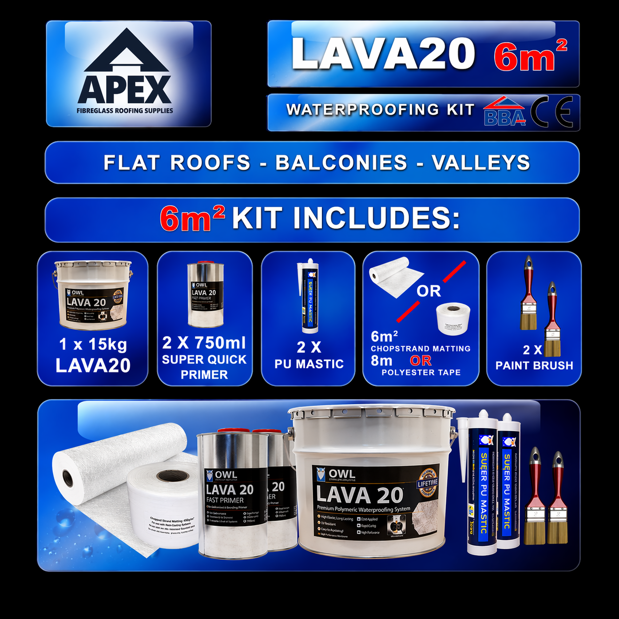 Apex Owl LAVA 20 Waterproofing Repair Kit showing seamless flexible UV-resistant application for roof waterproofing