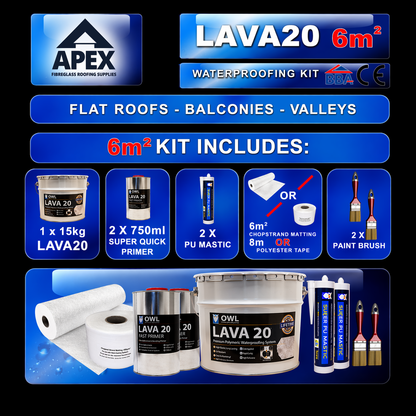 Apex Owl LAVA 20 Waterproofing Repair Kit showing seamless flexible UV-resistant application for roof waterproofing