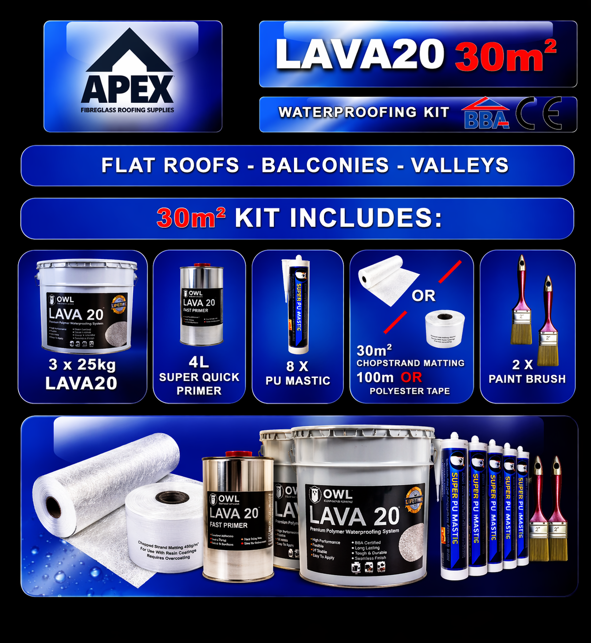 Apex Owl LAVA 20 Waterproofing Repair Kit bubble-free, defect-free finish on waterproofing surfaces