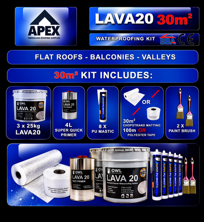 Apex Owl LAVA 20 Waterproofing Repair Kit bubble-free, defect-free finish on waterproofing surfaces