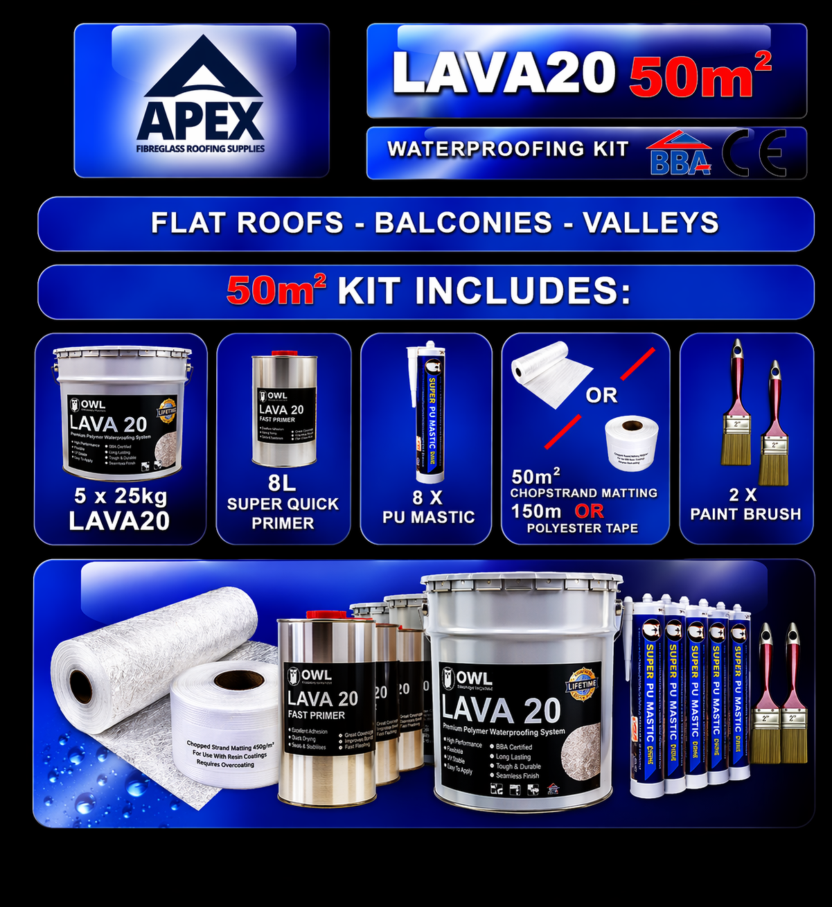 Apex Owl LAVA 20 Waterproofing Repair Kit weatherproof UV-resistant liquid membrane for pitched or flat roofing