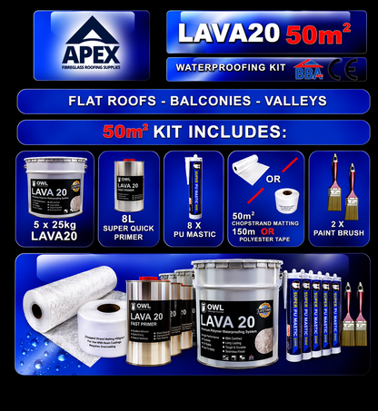 Apex Owl LAVA 20 Waterproofing Repair Kit weatherproof UV-resistant liquid membrane for pitched or flat roofing