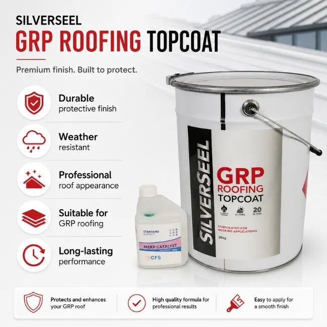 Silverseel GRP Roofing Topcoat with durable weather resistant finish for professional fibreglass roofing