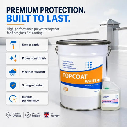 Topcoat White polyester topcoat for fibreglass flat roofing with weather resistant durable finish benefits