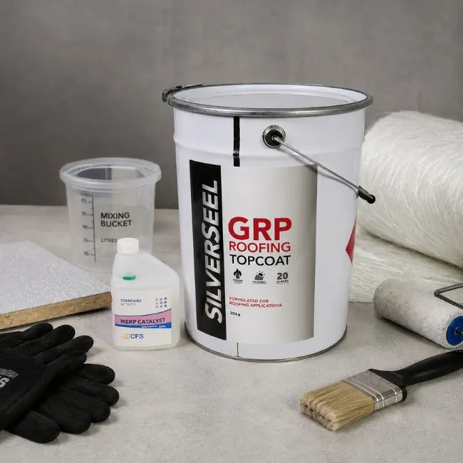 Silverseel GRP Roofing Topcoat with MEKP catalyst, roofing resin, mixing bucket, roller, brush, gloves and fibreglass matting
