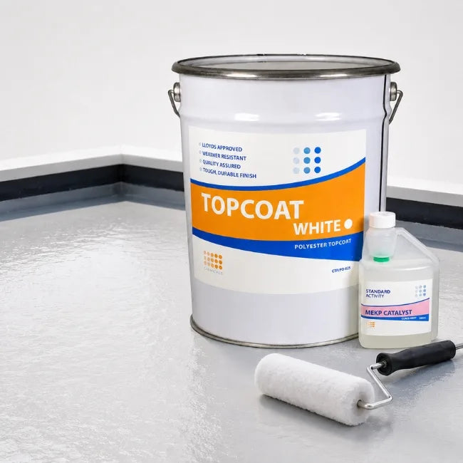 Topcoat White and MEKP catalyst on flat roof with GRP tools and fibreglass matting