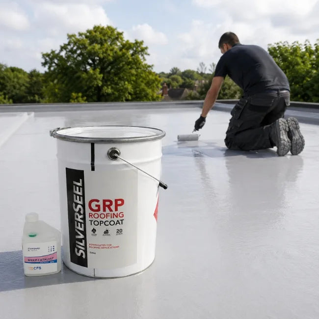 Roofer applying Silverseel GRP Roofing Topcoat on a finished fibreglass flat roof