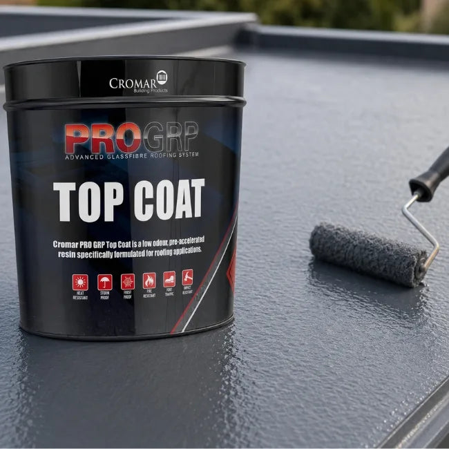 Cromar PRO GRP Top Coat being applied with roller on fibreglass flat roof for durable weatherproof finish