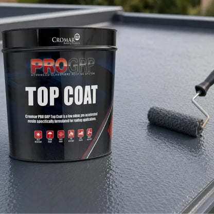 Cromar PRO GRP Top Coat being applied with roller on fibreglass flat roof for durable weatherproof finish