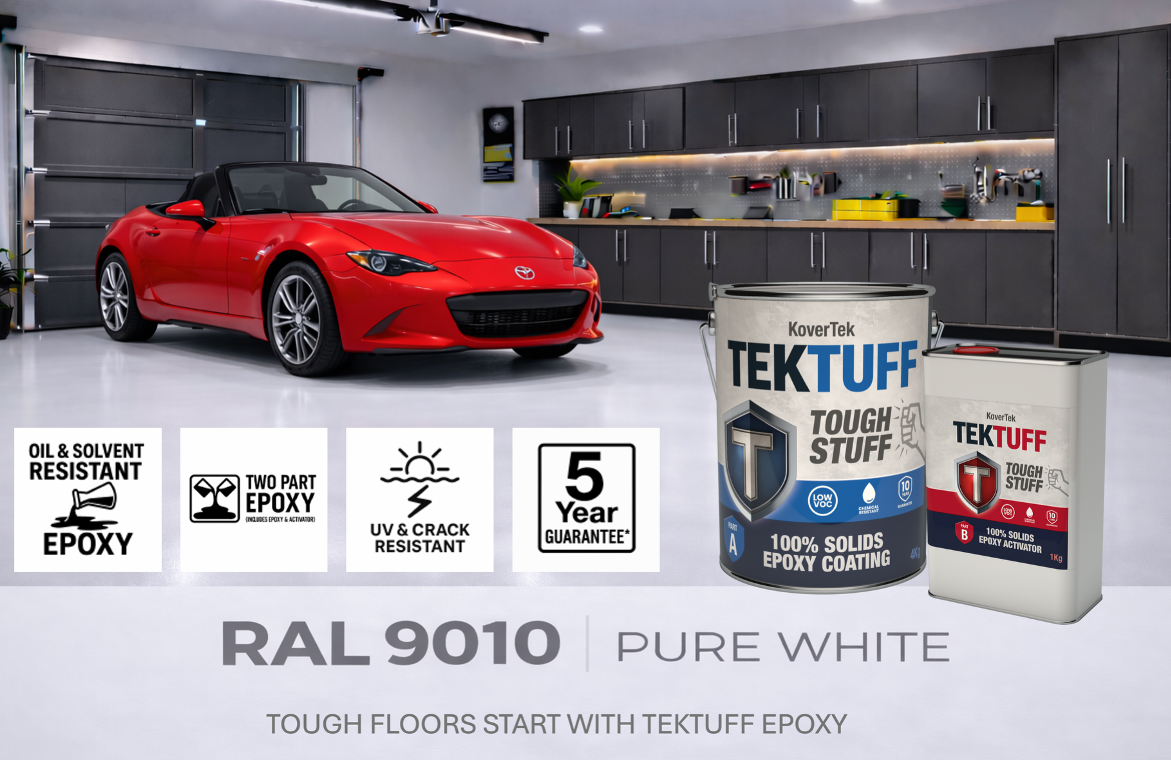 KoverTek TekTuff Epoxy Floor Paint RAL 9010 Pure White applied in a garage with red sports car