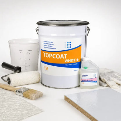 Topcoat White polyester roof coating with MEKP catalyst and roller on finished GRP flat roof